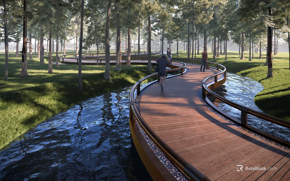 Scenic Wooden Boardwalk Pathway with Trees and Water in Natural Setting 3d model 