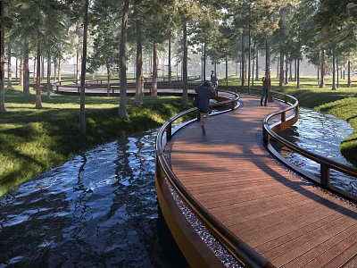 Scenic Wooden Boardwalk Pathway with Trees and Water in Natural Setting 3d model