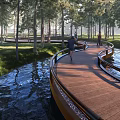 Scenic Wooden Boardwalk Pathway with Trees and Water in Natural Setting
