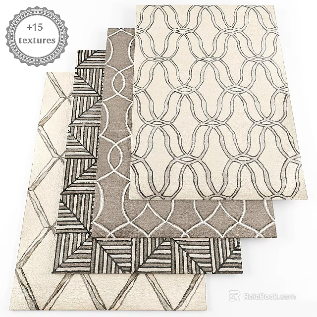 Textured Square Rugs with Geometric Patterns Wave Loops and Leaf Designs in Neutral Tones 3d model 