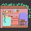Cartoon Kitchen Scene With Green Vines Window Blinds Sink Cabinets Purple Refrigerator Table And Chair