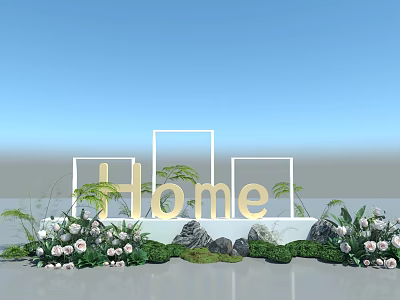 Floral Display for Home Decor With Golden Home Lettering White Flowers Greenery Stones and Moss 3d model