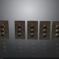 Brown Control Panels With Three Circular Buttons Each Arranged On Grey Reflective Surface