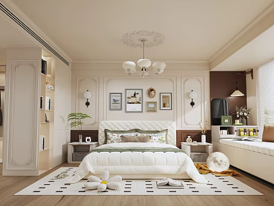 Modern Bedroom Interior With Bed Framed Paintings Chandelier Bedside Tables Rug And Window Bench 3d model