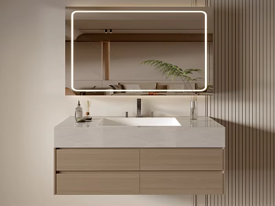 Elegant Modern Bathroom Vanity With Lighted Mirror Light Colored Countertop And Faucet 3d model