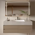 Elegant Modern Bathroom Vanity With Lighted Mirror Light Colored Countertop And Faucet