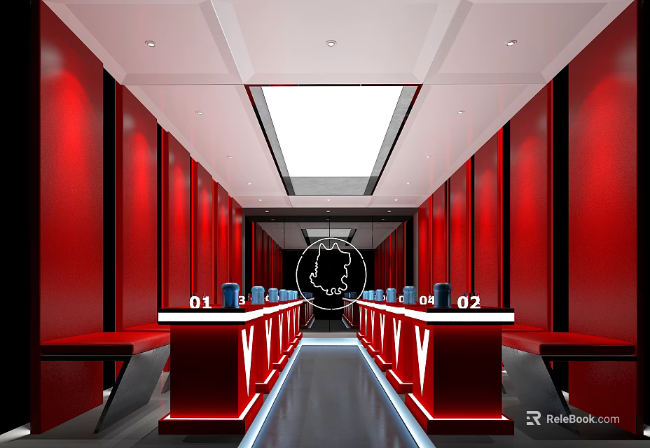 Modern Bar Interior With Red Walls Long Bar Counters Numbered Signs And LED Lighting Design 3d model 