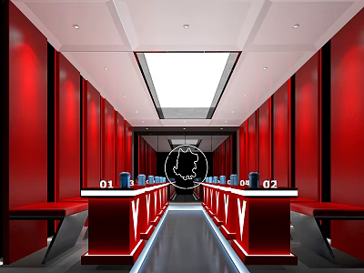 Modern Bar Interior With Red Walls Long Bar Counters Numbered Signs And LED Lighting Design 3d model