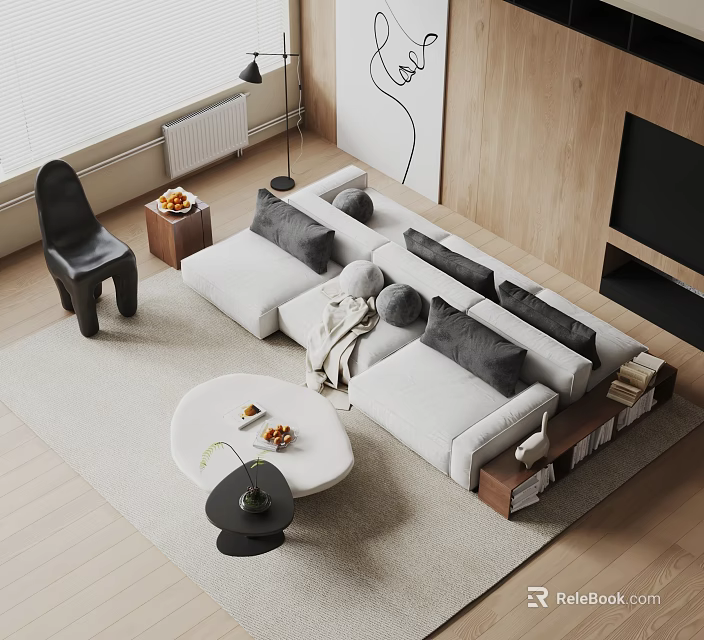 Modern Sectional Sofa With Round Coffee Table Light Gray Upholstery Throw Pillows And Rug 3d model 