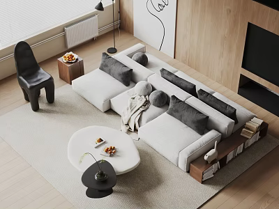 Modern Sectional Sofa With Round Coffee Table Light Gray Upholstery Throw Pillows And Rug 3d model