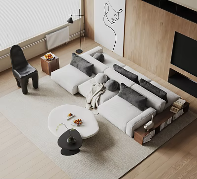 Modern Sectional Sofa With Round Coffee Table Light Gray Upholstery Throw Pillows And Rug 3d model