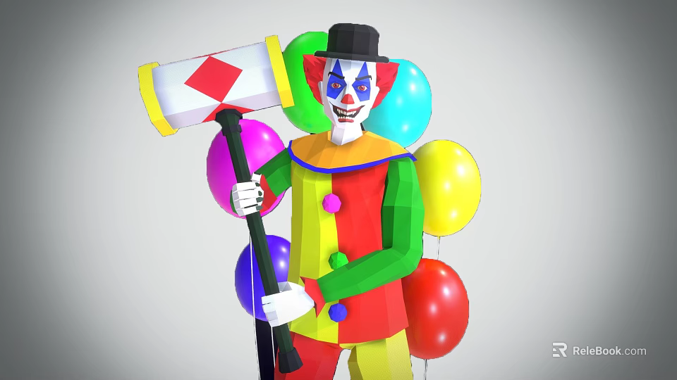 Game Movie Character Clown With Colorful Costume Large Hammer Colorful Balloons Black Hat Exaggerated Makeup 3d model 
