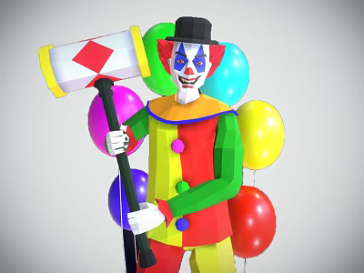 Game Movie Character Clown With Colorful Costume Large Hammer Colorful Balloons Black Hat Exaggerated Makeup 3d model