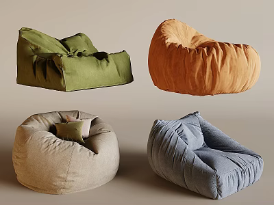 Comfortable Soft Bean Bag Chairs With Green Orange Beige Blue Colors And Cozy Fabric Design 3d model