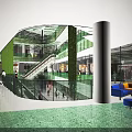 Modern Shopping Mall Lobby With Glass Staircase Open Layout Bright Lighting And Seating Areas