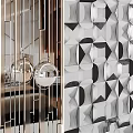Modern Geometric Decorative Wall Design With Black White Patterns And Metal Strips 3d model