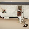White Wooden Vintage Carriage with Open Door Ladder and Chair Nearby Structure