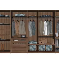 Modern Wooden Wardrobe Interior With Hanging Coats Shirts Shelves Drawers And Storage Boxes