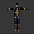 3D Game Character With Black Yellow Jacket Blue Mechanical Arms Blue Pants Yellow Gray Shoes