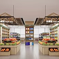 Modern Supermarket Interior Design With Shelves Checkout Counter Refrigerators And Display Racks