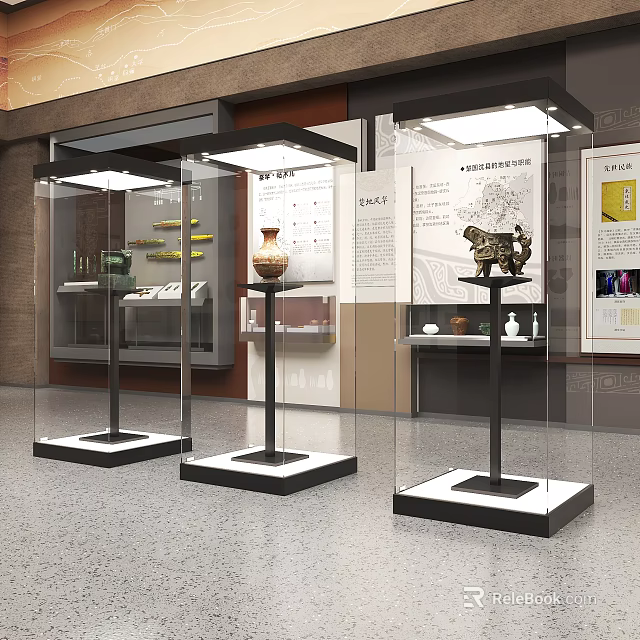 Museum Exhibition Hall With Glass Display Cases Ancient Artifacts And Information Panels 3d model 