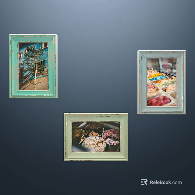 Vintage Style Colorful Picture Frames With Scenery And Food Prints 3d model 