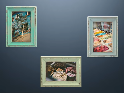 Vintage Style Colorful Picture Frames With Scenery And Food Prints 3d model