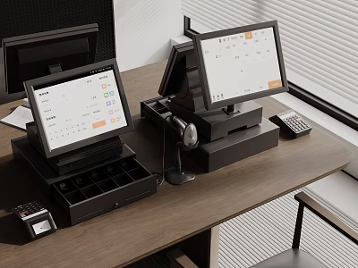 Modern Business Equipment POS System With Touchscreen Monitors And Cash Drawers 3d model