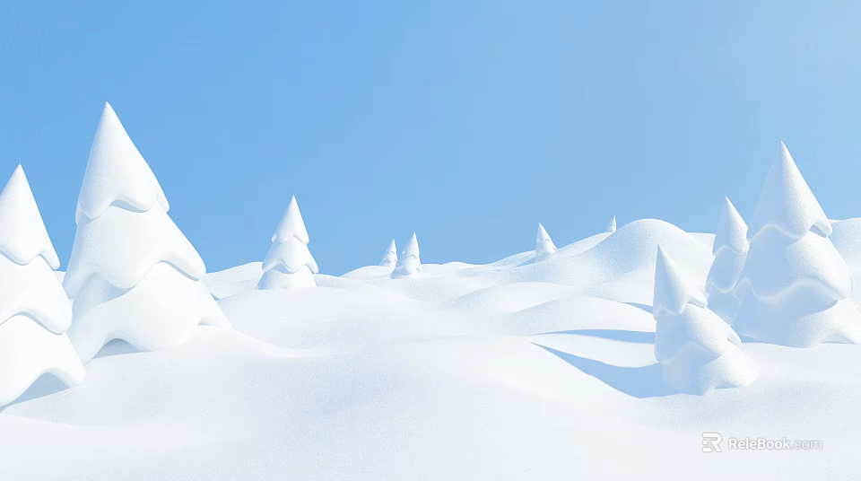 Winter Landscape with Snow Covered Hills and Snow Covered Pine Trees Under Clear Blue Sky 3d model 