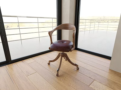 Wooden Office Chair With Leather Padded Seat And Casters In Bright Room With Large Windows 3d model
