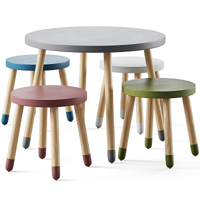 Round Gray Kids Table With Colorful Matching Stools And Wooden Legs Colored Tips 3d model