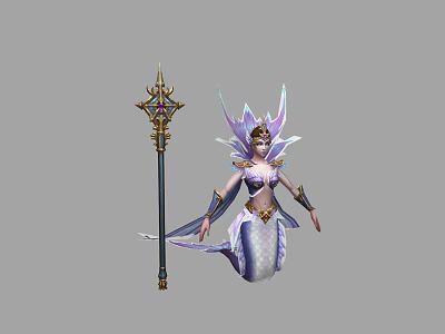 Fantasy Game Movie Character Female Mermaid With Purple White Outfit Ornate Headdress And Decorative Staff 3d model