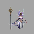 Fantasy Game Movie Character Female Mermaid With Purple White Outfit Ornate Headdress And Decorative Staff