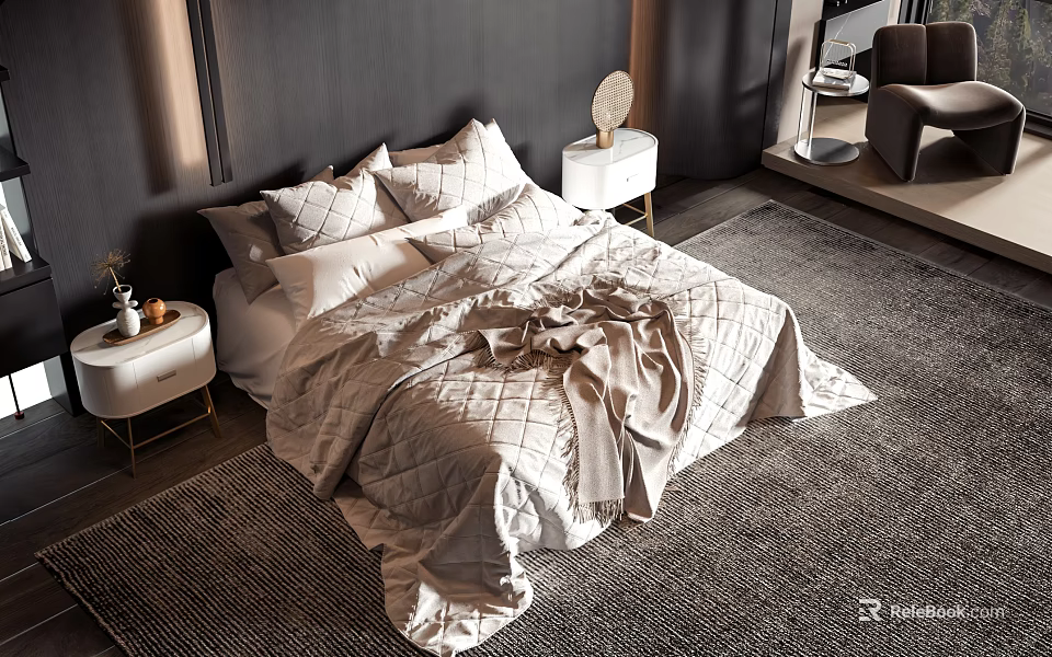 Elegant Double Bed With Quilted Bedspread Multiple Pillows And Nightstand On Gray Rug 3d model 