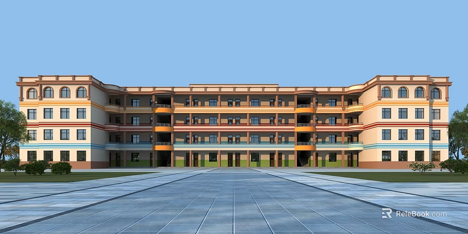Modern Multi Story School Building With Vibrant Exterior And Spacious Front Courtyard 3d model 