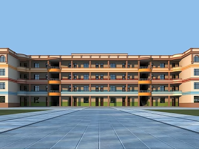 Modern Multi Story School Building With Vibrant Exterior And Spacious Front Courtyard 3d model