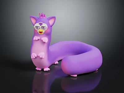 Cute Purple Cartoon Creature Character With Long Tail Pink Ears Paws Crown And Glasses 3d model