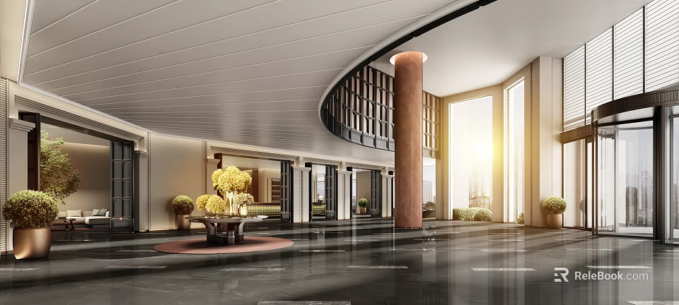 Luxurious Hotel Lobby With Curved Ceiling Large Windows Sunlight Polished Marble Floor Yellow Flower Decor 3d model 