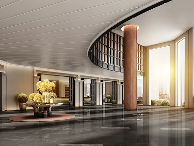 Luxurious Hotel Lobby With Curved Ceiling Large Windows Sunlight Polished Marble Floor Yellow Flower Decor 3d model