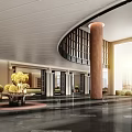 Luxurious Hotel Lobby With Curved Ceiling Large Windows Sunlight Polished Marble Floor Yellow Flower Decor
