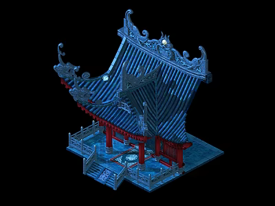 Cartoon Style Traditional Chinese Pavilion With Curved Eaves Red Pillars And Blue Roof 3d model
