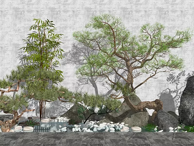 Garden Ornament Scene With Gray Wall Bamboo Pine Tree Rocks Pebbles And Moss 3d model