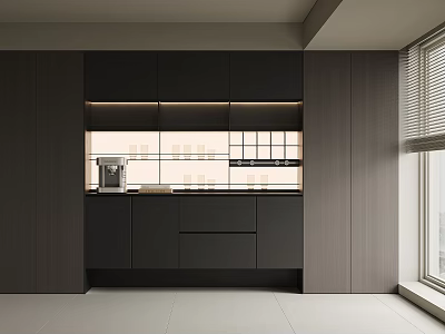 Modern Dark Sideboard With Drawers Cabinets Open Shelves And LED Lighting Interior 3d model