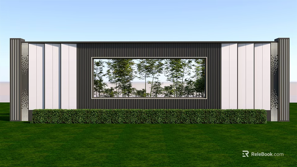 Modern Feature Wall Design With Central Window Showcasing Green Trees And Lush Lawn 3d model 