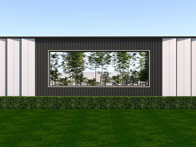 Modern Feature Wall Design With Central Window Showcasing Green Trees And Lush Lawn 3d model