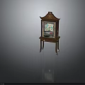 Wooden Chinese Display Cabinet with Decorative Top Glass Door Wheeled Base and Engraved Mu Character