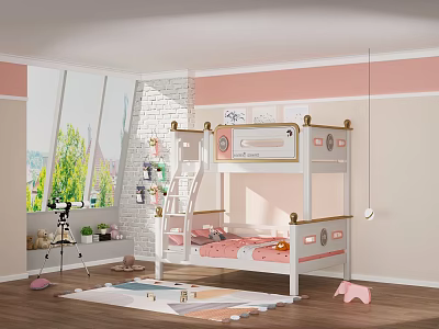 Stylish Pink And White Kids Bunk Bed With Safe Ladder For Warm Lovely Girl Bedroom 3d model