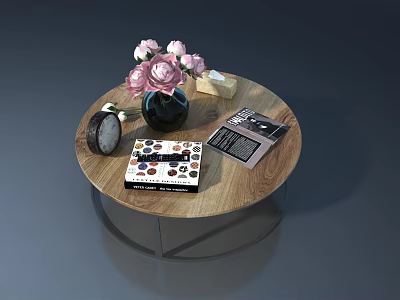 Round Wooden Coffee Table With Black Vase Pink Flowers Clock Paint Palette Book And Soap 3d model