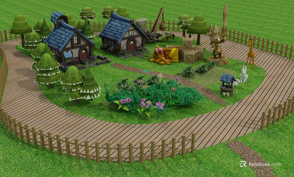Cartoon Village Scene With Small Houses Blue Roofs Green Trees And Wooden Fence 3d model 