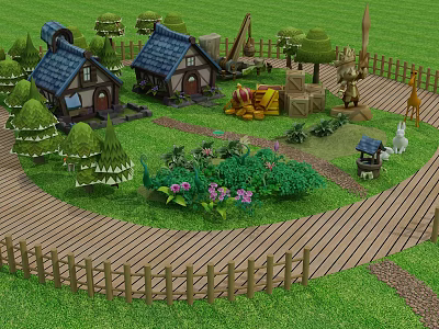 Cartoon Village Scene With Small Houses Blue Roofs Green Trees And Wooden Fence 3d model